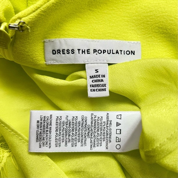 Dress the Population Alicia Dress Neon Yellow Chiffon Midi Twirl V-Neck Size S - Picture 10 of 11